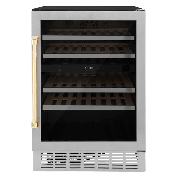 ZLINE 24 Monument Autograph Edition Dual Zone 44-Bottle Wine Cooler in Stainless Steel with Polished Gold Accents (RWVZ-UD-24-G)
