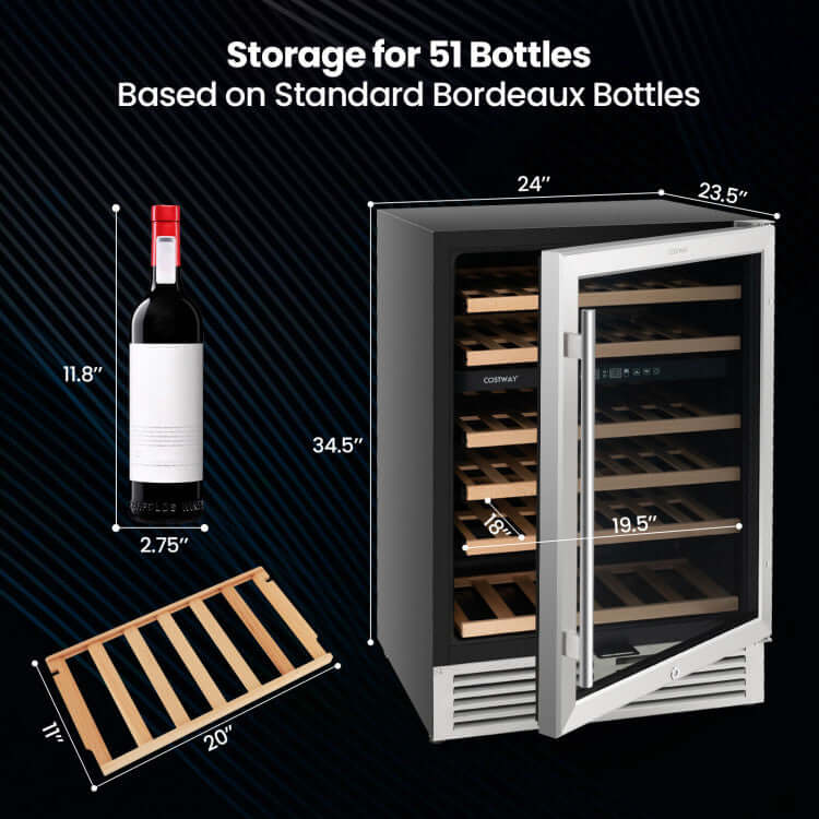 Costway Dual Zone Wine Cooler for 51 Bottles with Reversible Door-Silver