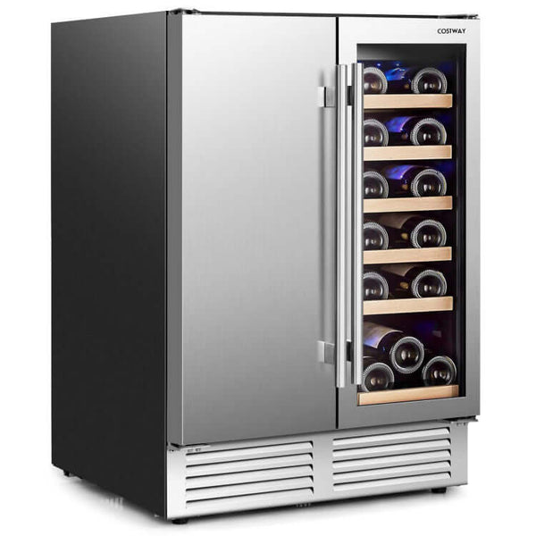 Costway 2-in-1 Beverage and Wine Cooler with Independent Temperature Control and LED Lights-Silver