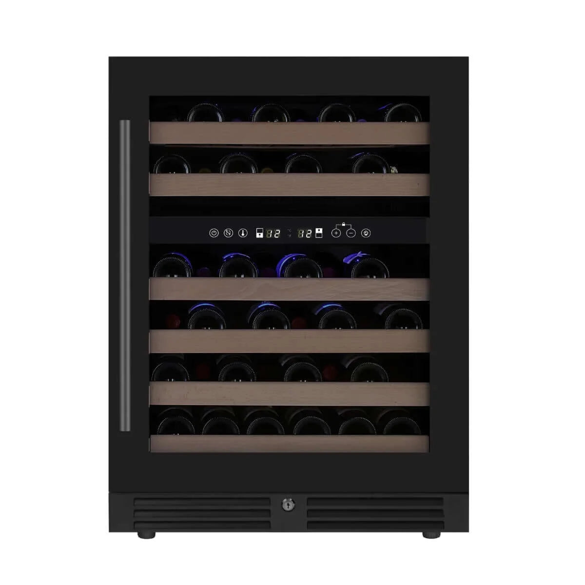 KingsBottle 24 Inch Under Counter LOW-E Glass Door Dual Zone Wine Cooler - Borderless Black Glass Door