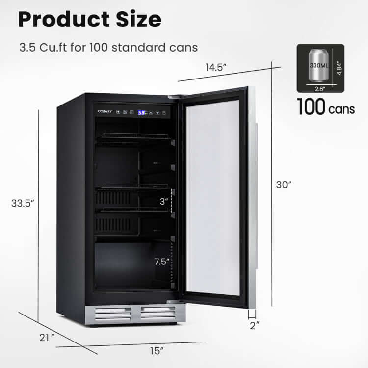 Costway 15 Inch 100 Can Built-in Freestanding Beverage Cooler Refrigerator with Adjustable Temperature and Shelf-Silver