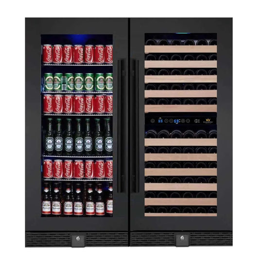 KingsBottle 56" Upright Wine And Beverage Fridge Center Cabinet Freestanding - Borderles Black Glass Door
