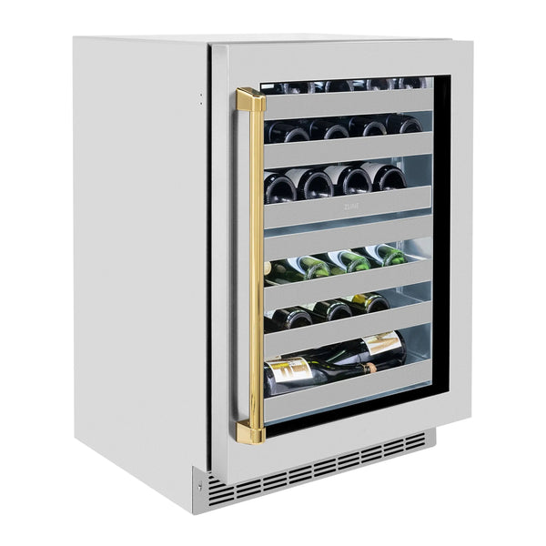 ZLINE Autograph Edition 24 in. Touchstone Dual Zone 44 Bottle Wine Cooler With Panel Ready Glass Door And Polished Gold Handle (RWDPOZ-24-G)