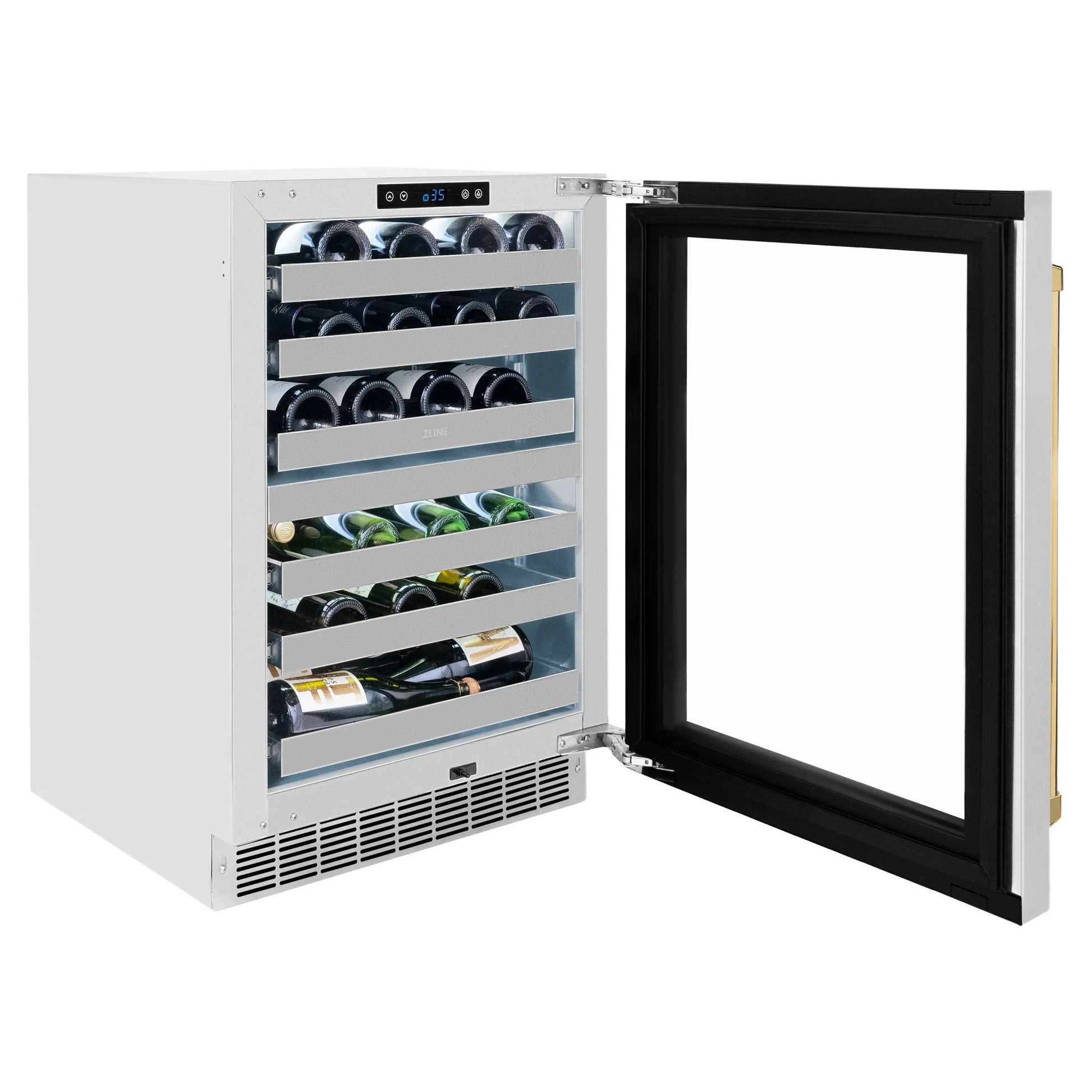 ZLINE Autograph Edition 24 in. Touchstone Dual Zone 44 Bottle Wine Cooler With Panel Ready Glass Door And Polished Gold Handle (RWDPOZ-24-G)