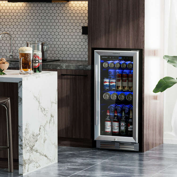 Costway 15 Inch 100 Can Built-in Freestanding Beverage Cooler Refrigerator with Adjustable Temperature and Shelf