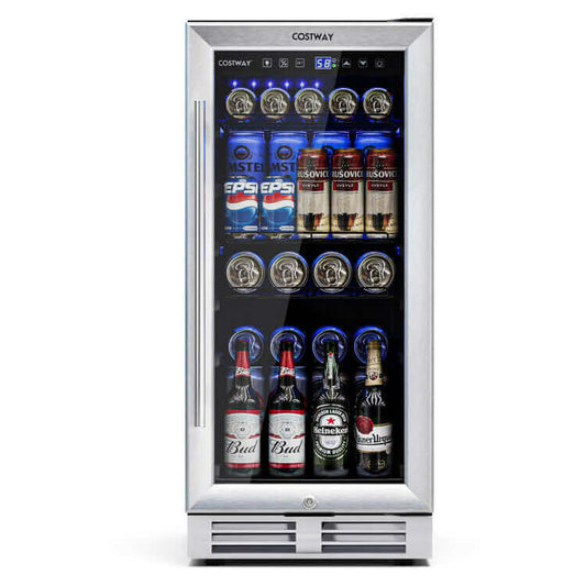 Costway 15 Inch 100 Can Built-in Freestanding Beverage Cooler Refrigerator with Adjustable Temperature and Shelf