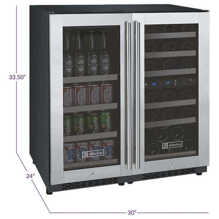 Allavino 30" Wide FlexCount II Tru-Vino 30 Bottle/88 Can Dual Zone Stainless Steel Side-by-Side Wine Refrigerator/Beverage Center