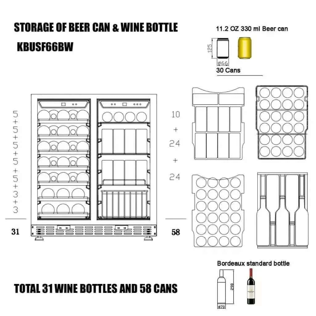 KingsBottle 30" Under Counter Low-E Glass Door with Black Frame Wine and Beer Cooler Combo