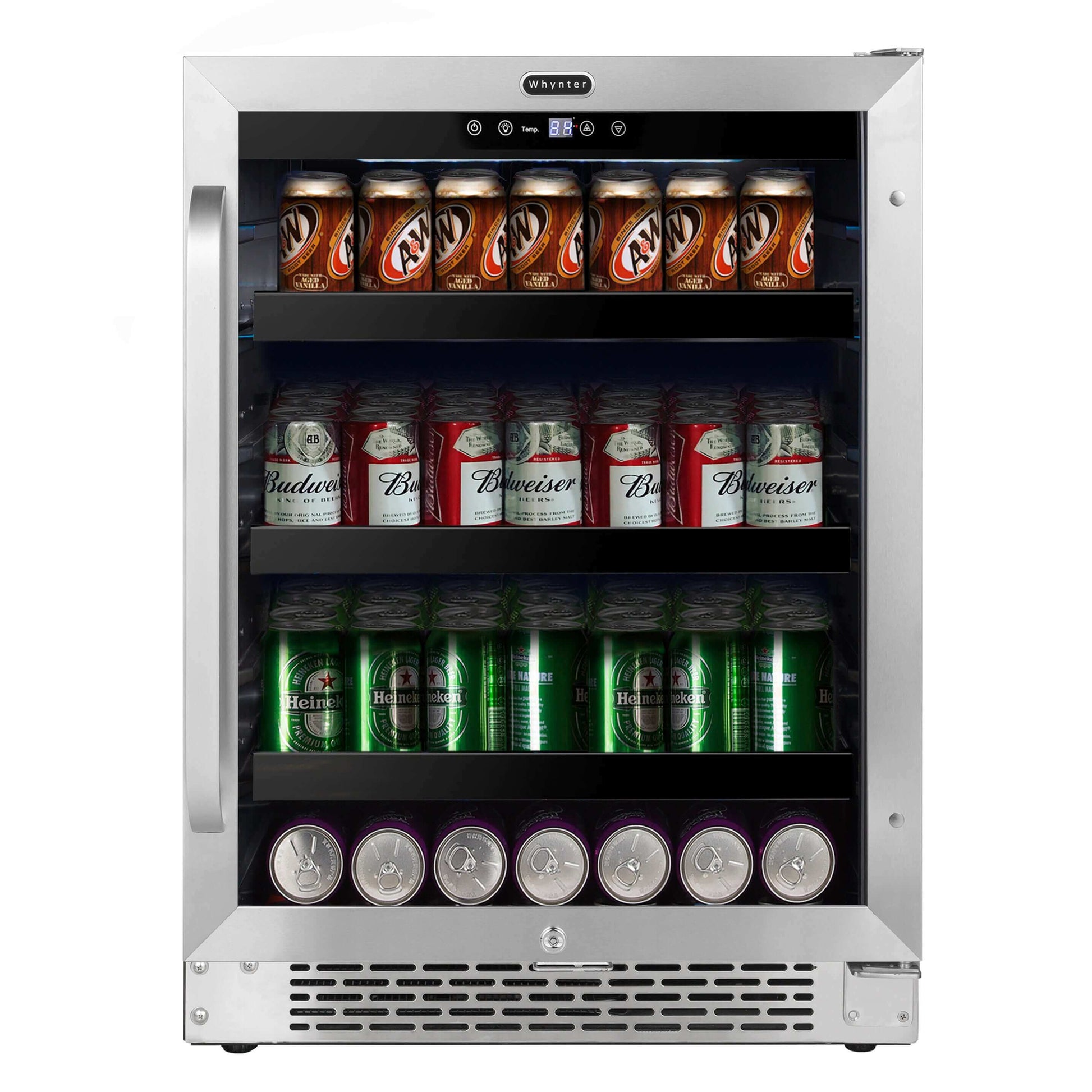 Whynter 24 inch Built-In 140 Can Undercounter Stainless Steel Beverage Refrigerator with Reversible Door, Digital Control and Lock