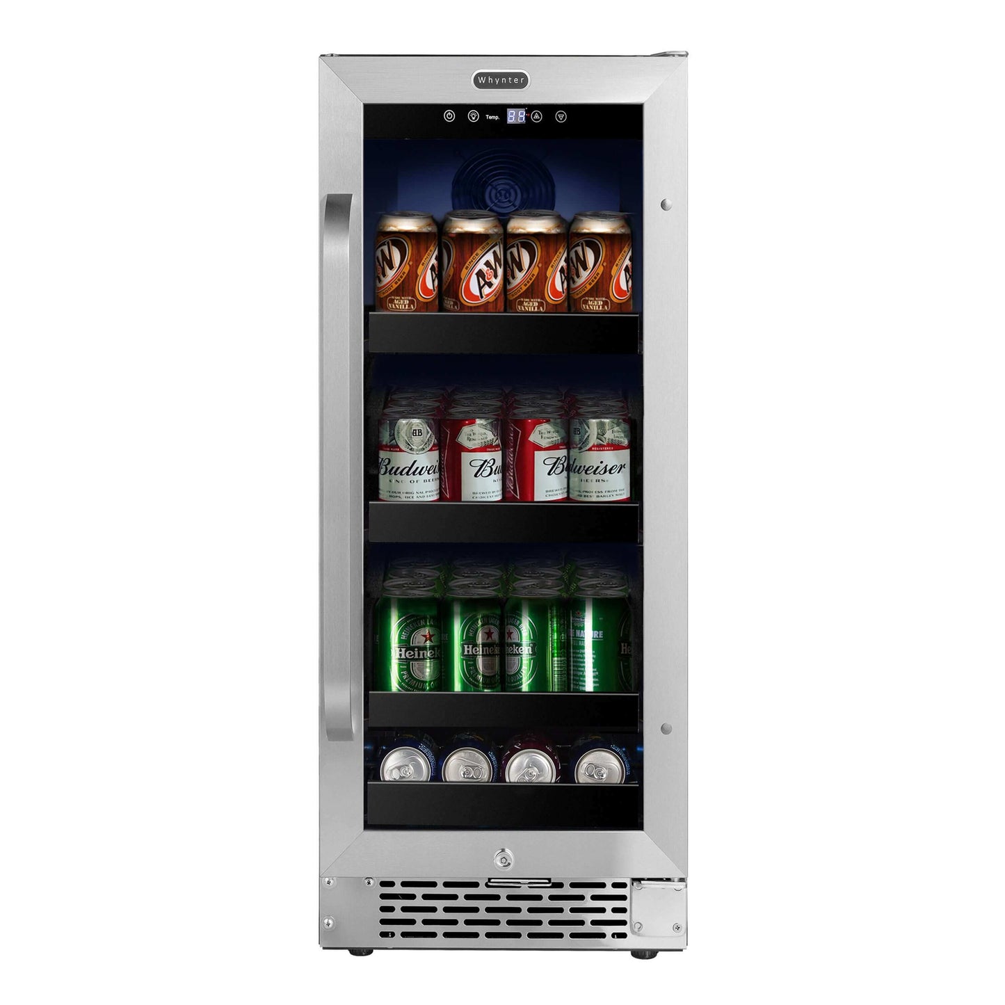 Whynter 15 inch Built-In 80 Can Undercounter Stainless Steel Beverage Refrigerator with Reversible Door, Digital Control and Lock