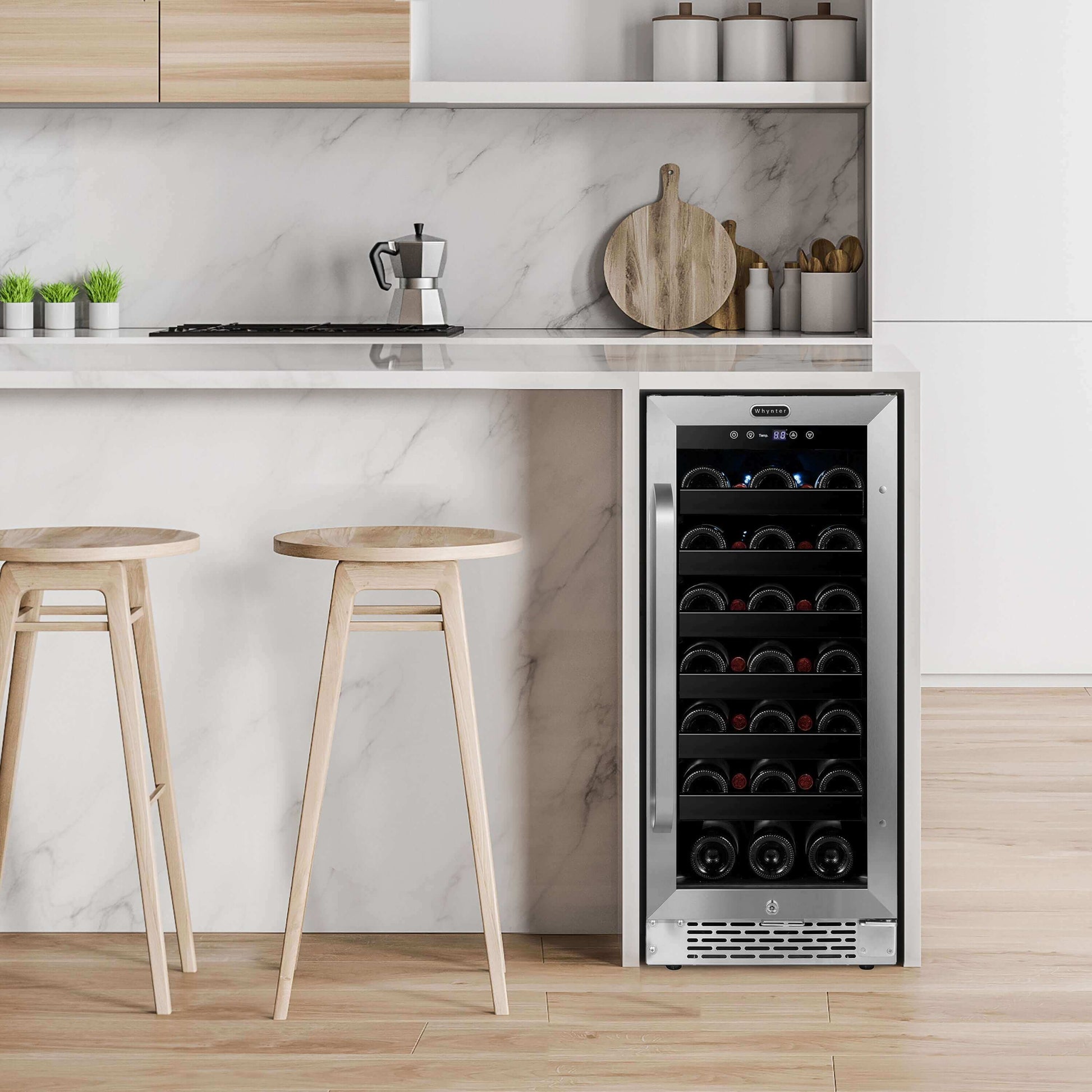 Whynter 15 inch Built-In 33 Bottle Undercounter Stainless Steel Wine Refrigerator with Reversible Door, Digital Control, Lock, and Carbon Filter