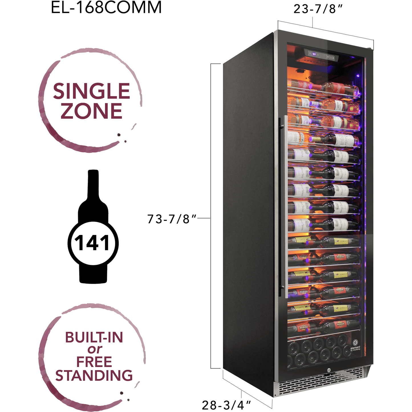 Vinotemp Private Reserve Series 141-Bottle Backlit Panel Commercial 168 Single-Zone Wine Cooler