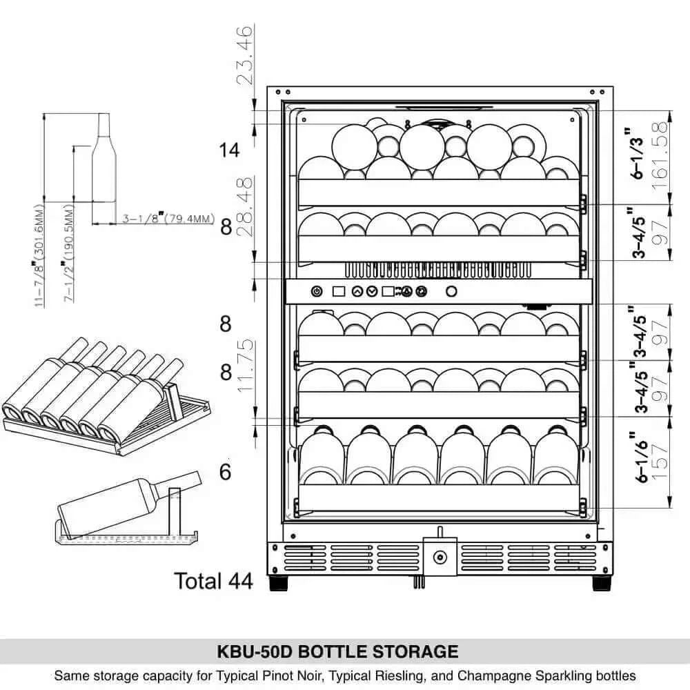 KingsBottle 44 Bottles 24" Under Counter Stainless Steel Dual Zone Wine Cooler Drinks