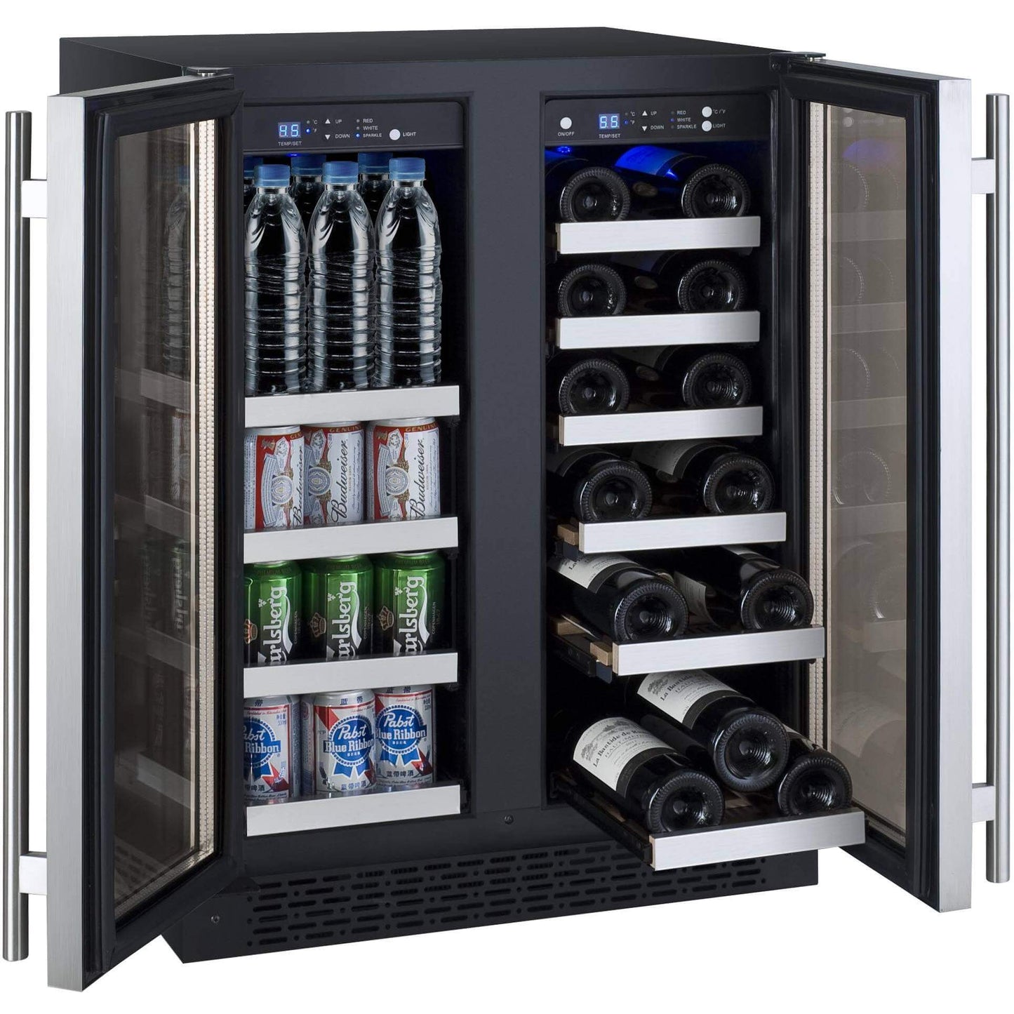 Allavino 24" Wide FlexCount II Tru-Vino 18 Bottle/66 Cans Dual Zone Stainless Steel Wine Refrigerator/Beverage Center