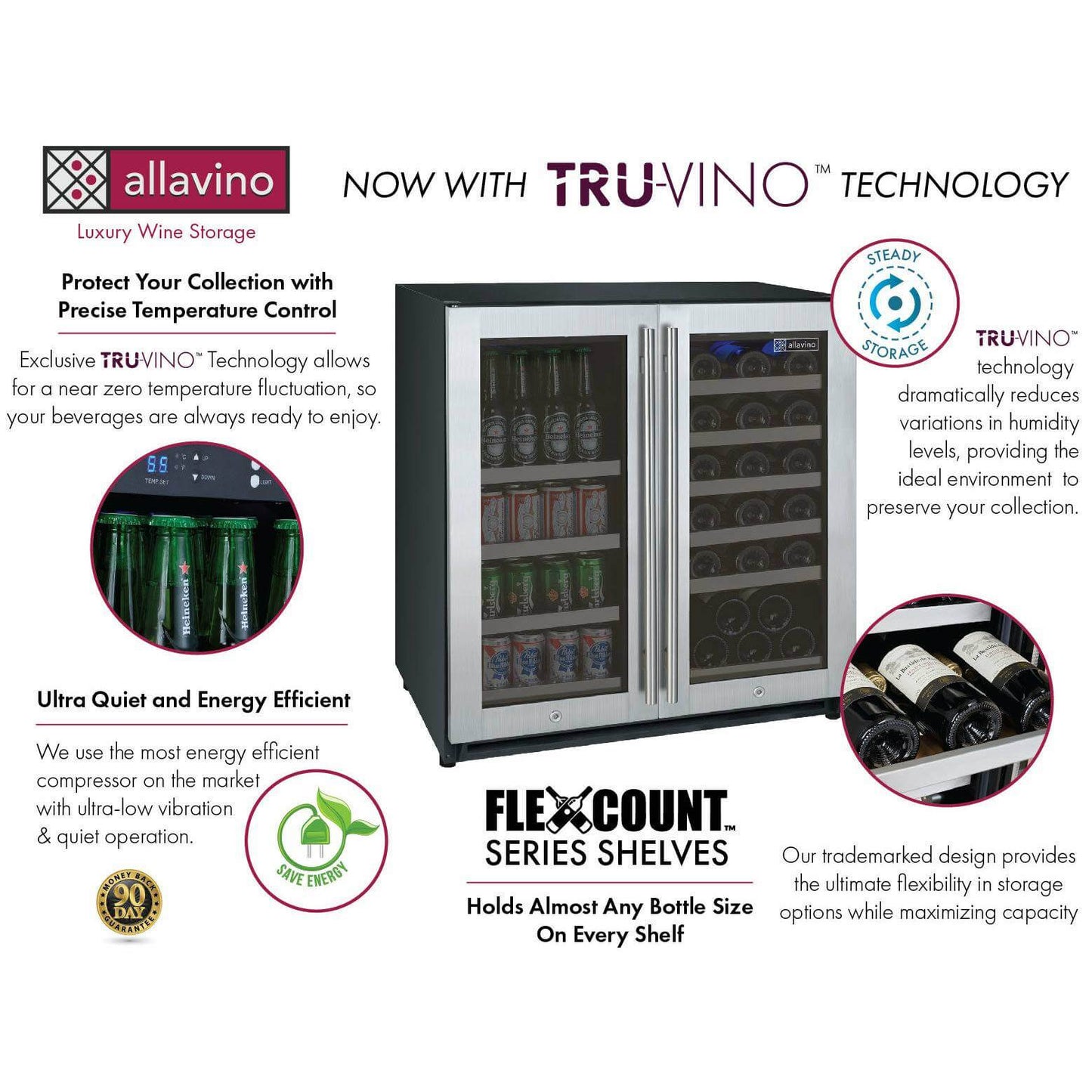 Allavino 30" Wide FlexCount II Tru-Vino 30 Bottle/88 Can Dual Zone Stainless Steel Built-In Wine Refrigerator/Beverage Center
